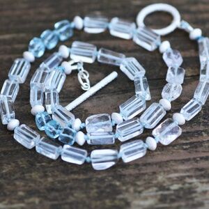 Handmade Natural Kunzite , Swiss Blue Topaz Necklace in Solid Sterling Silver